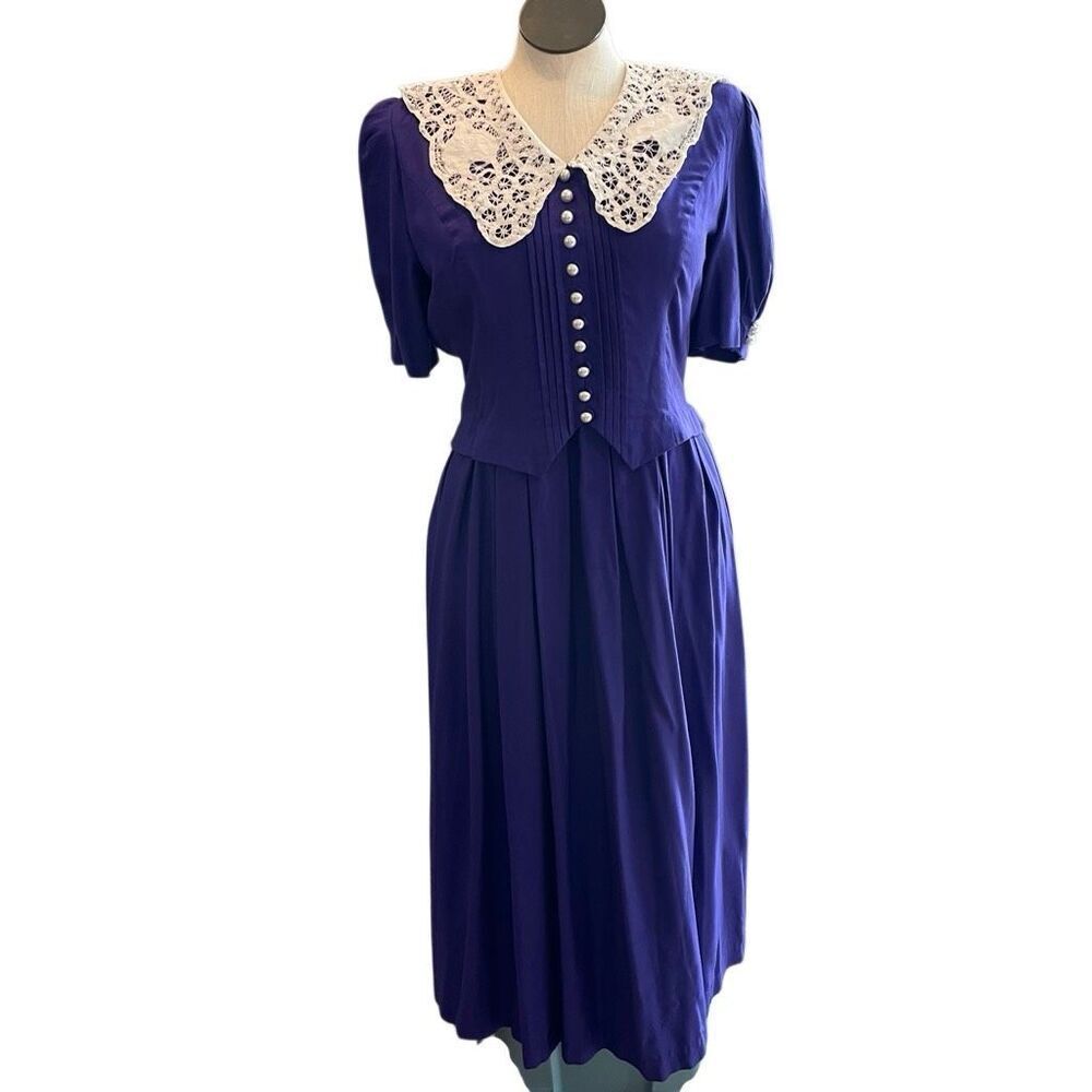 Vtg 80s/90s Womens Purple Lace Doily Collar Maxi Dress 10 Coquette Cottagecore